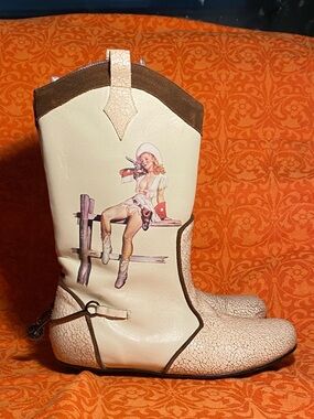 Irregular Choice cowboy boots,cream crackle leather,cowgirl pin-up graphic,8.5